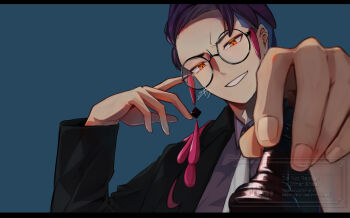1boy arm_up black-framed_eyewear black_jacket blue_background chess_piece collared_shirt commentary_request corbeau_(pokemon) fingernails glasses holding holding_chess_piece jacket letterboxed long_sleeves male_focus necktie nintendo nirugiri_(nirgy) parted_hair pokemon pokemon_legends:_z-a purple_hair purple_shirt round_eyewear shirt short_hair signature smile solo tassel watermark white_necktie wing_collar