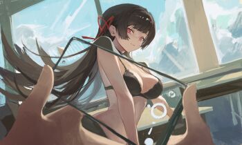 1girl 1other absurdres black_bra black_hair bra breasts cellphone chisa_(wuthering_waves) cleavage closed_mouth commentary hair_ribbon hashtag-only_commentary highres holding holding_phone indoors large_breasts liudaohai6001 long_hair looking_at_viewer no_shirt phone pov pov_hands red_eyes red_ribbon ribbon smartphone taking_picture underwear wuthering_waves