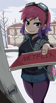 Rule 34 | 1girl, bag, bare tree, black eyes, black sweater, closed mouth, cloud, cloudy sky, colored tips, day, doorway, feet out of frame, galois, goggles, goggles on head, green bag, grey jacket, grey sky, highres, house, jacket, looking at viewer, medium hair, multicolored hair, netflix, outdoors, pants, pink bag, pink star, pov doorway, purple hair, purple pants, ramona flowers, reaching, reaching towards viewer, red hair, scott pilgrim (series), scott pilgrim takes off, shoulder bag, sky, smile, snow, solo, standing, star (symbol), star print, sweater, tree, two-tone bag, winter