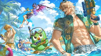 Rule 34 | 4boys, absurdres, aether (genshin impact), aqua shirt, black male swimwear, blonde hair, blue hair, blue male swimwear, closed mouth, dragon horns, dragon wings, duo (duolingo), duolingo, eyewear on head, flins (genshin impact), floral print shirt, genshin impact, goggles, goggles on head, grey male swimwear, highres, holding, holding water gun, horns, long hair, male focus, male swimwear, mini durin (genshin impact), mini durin (human) (genshin impact), multiple boys, muoi, one eye closed, open clothes, open mouth, open shirt, purple hair, purple shirt, sandals, shirt, upper body, varka (genshin impact), water, water gun, wings