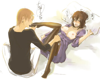 1boy 1girl blush breasts brown_hair commentary_request d.gray-man feet foot_worship hetero lavi licking licking_foot medium_breasts miranda_lotto nipples pantyhose pillow pillow_grab plantar_flexion saetsuki_yuto sweat translation_request