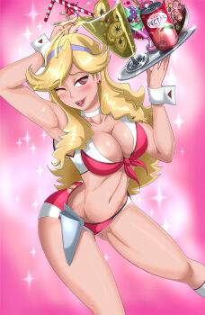 10s 1girl ;d armpits arms_up ass_cutout bad_anatomy blonde_hair blush boobies_uniform boots breasts brown_eyes butt_crack can choker cleavage clothing_cutout cocktail_umbrella crop_top cuffs cup drink drinking_straw earrings eyeshadow female_focus fingernails flipped_hair food front-tie_top fruit gradient_background hairband heart heart_cutout highres holding holster honey_(space_dandy) jewelry knee_boots large_breasts leaf leaning_forward lemon lipstick long_fingernails long_hair makeup midriff nail_polish navel olive one_eye_closed open_mouth pink_background red_eyes shadman short_shorts shorts shrimp smile solo space_dandy sparkle spilling star_(symbol) star_earrings swept_bangs thighs toned toned_female toothpick tray very_long_hair waitress wavy_hair wrist_cuffs