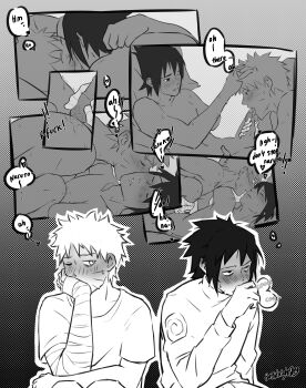 Rule 34 | 2boys, absurdres, aftersex, amputee, bandaged arm, bandages, blush, commentary, embarrassed, english commentary, english text, erection, facial mark, fellatio, french kiss, grabbing another's hair, highres, holding another's hair, implied sex, kiss, kissing neck, looking at another, male focus, moaning, multiple boys, naruto (series), oral, outline, remembering, short hair, themidnights0ng, uchiha sasuke, uzumaki naruto, whisker markings, yaoi