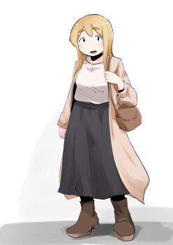 Rule 34 | 1girl, :o, bag, black eyes, black skirt, blonde hair, boots, breasts, brown boots, coat, handbag, k-on!, kirinama01, kotobuki tsumugi, long sleeves, medium breasts, simple background, skirt, white background