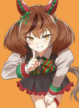 1girl animal_ears black_dress blush bow bowtie breasts brown_eyes brown_hair commentary_request diagonal-striped_bow dress ear_bow ear_covers ear_ribbon green_bow green_bowtie highres horse_ears horse_girl horse_tail juliet_sleeves leaning_forward long_sleeves looking_at_viewer medium_hair multicolored_hair nice_nature_(poinsettia_ribbon)_(umamusume) nice_nature_(umamusume) open_mouth pinafore_dress puffy_sleeves sioarii sleeveless sleeveless_dress smile solo streaked_hair striped_bow striped_bowtie striped_clothes tail twintails umamusume