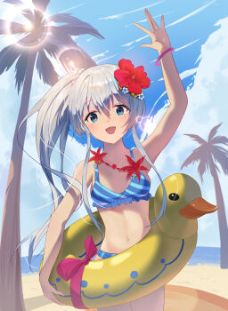 1girl :d absurdres beach bikini blue_bikini blue_eyes breasts celia_claire cleavage commentary_request flower frilled_bikini frills grey_hair hair_flower hair_ornament high_side_ponytail highres long_hair long_sidelocks nanjonyanya navel ocean open_mouth palm_tree sand seirei_gensouki side_ponytail sidelocks small_breasts smile solo striped_bikini striped_clothes swim_ring swimsuit tree very_long_hair very_long_sidelocks