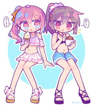 2girls :d :o bikini black_bikini black_sandals blue_background blue_shorts blush_stickers border breasts brown_hair brown_sandals cleavage collarbone commentary_request double-parted_bangs food full_body hair_between_eyes highres holding holding_food holding_ice_cream holding_spoon ice_cream long_hair multiple_girls navel off-shoulder_bikini off_shoulder open_mouth original outline outside_border pink_hair polka_dot polka_dot_background ponytail red_eyes richard_(richaball) round_border sandals shorts side_ponytail small_breasts smile spoon swimsuit translation_request twitter_username white_outline