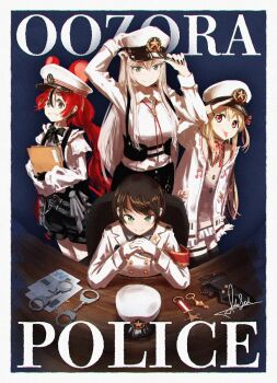 Rule 34 | 4girls, :p, adjusting clothes, adjusting headwear, animal ears, armband, black gloves, black shorts, blonde hair, blue eyes, bolo tie, breasts, brown dress, brown hair, brown sailor collar, buttons, chest harness, collared shirt, commentary, desk, double-breasted, double-parted bangs, dress, dress shirt, english text, fisheye, frilled jacket, frilled shirt, frills, gloves, gradient hair, grey eyes, grey hair, grin, hair between eyes, hakos baelz, hakos baelz (steel rose), harness, hat, highres, hololive, hololive dev is, hololive english, hololive grand theft auto, ida studio, jacket, lion ears, long hair, long sleeves, looking at viewer, low twintails, medium breasts, mouse ears, multicolored hair, multiple girls, official alternate costume, official alternate hairstyle, oozora subaru, oozora subaru (police), orange hair, otonose kanade, otonose kanade (1st costume), peaked cap, plaid clothes, plaid dress, police hat, puffy long sleeves, puffy sleeves, red eyes, red hair, sailor collar, salute, shirt, shishiro botan, shishiro botan (button-down), short hair, shorts, sidelocks, smile, streaked hair, suspender shorts, suspenders, tongue, tongue out, twintails, underbust, very long hair, virtual youtuber, white hair, white jacket, white shirt