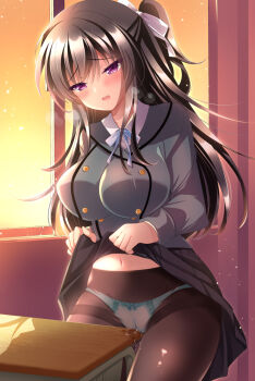 Rule 34 | 1girl, black hair, black pantyhose, blue bow, blue neckwear, bow, breasts, clothes lift, crotch rub, desk, female masturbation, heavy breathing, ichiyou moka, large breasts, lifting own clothes, long hair, masturbation, midriff, navel, one side up, original, panties, panties under pantyhose, pantyhose, purple eyes, pussy juice, saimin kanojo (ichiyou moka), school uniform, sidelocks, skirt, skirt lift, solo, table humping, takanashi iori (ichiyou moka), underwear, white bow, window