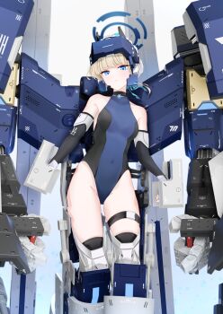 1girl bare_shoulders black_gloves black_thighhighs blonde_hair blue_archive blue_eyes blue_halo blue_leotard breasts bun_cover commentary_request exoskeleton gloves halo halter_leotard halterneck head-mounted_display heattech_leotard highleg highleg_leotard highres leotard looking_at_viewer maid_headdress mechanical_arms medium_breasts multicolored_leotard sarasadou_dan science_fiction sleeveless sleeveless_turtleneck solo thighhighs toki_(abi-eshuh)_(blue_archive) toki_(blue_archive) turtleneck two-tone_leotard