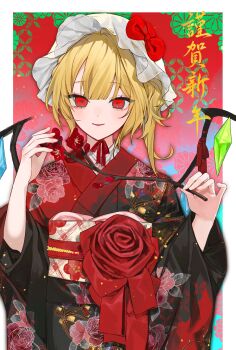 1girl absurdres alternate_costume black_kimono blonde_hair border bow branch commentary_request daimaou_ruaeru flandre_scarlet floral_print floral_print_kimono flower happy_new_year hat hat_bow highres holding holding_branch japanese_clothes kimono long_sleeves looking_at_viewer medium_hair mob_cap new_year obi obijime parted_lips plum_blossoms print_kimono red_background red_bow red_eyes red_ribbon ribbon sash smile solo touhou translation_request two-tone_kimono upper_body white_border white_sash wide_sleeves wings