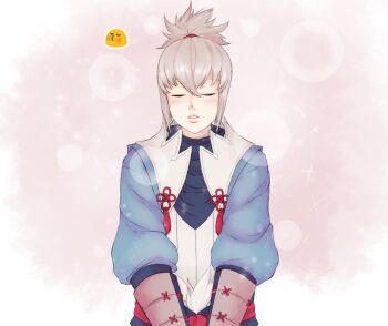 1boy closed_eyes commentary emoji english_commentary facing_viewer fire_emblem fire_emblem_fates grey_hair hair_between_eyes imminent_kiss japanese_clothes lithety long_hair male_focus nintendo ponytail solo takumi_(fire_emblem)