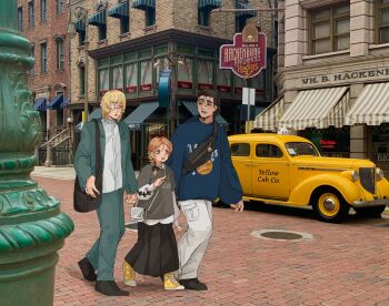 1girl 2boys alternate_universe bag black_bag black_shoes black_skirt blonde_hair blue_jacket blue_pants blue_sweater braid brick_road brown_hair chi.:_chikyuu_no_undou_ni_tsuite cobblestone contemporary eyepatch full_body grey_bag grey_shirt hair_bun hair_over_shoulder highres jacket long_skirt looking_at_another medical_eyepatch medium_hair multiple_boys open_mouth panties pants parted_lips photo_background pleated_skirt pointing ponytail print_shirt road scar scar_on_face scar_on_mouth shirt shirt_under_shirt shoes shorts shoulder_bag single_braid skirt smile sneakers street sweater taxi underwear walking wasadi white_panties white_shirt yellow_shorts