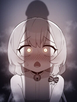 1boy bar_censor bare_shoulders bell blush bow censored choker erection hair_bow highres howcow_(vtuber) ikr_(artist) indie_virtual_youtuber long_hair male_focus neck_bell open_mouth penis penis_awe penis_shadow solo tongkkangi tongkkangi_(streamer) trap upper_body virtual_youtuber wide-eyed