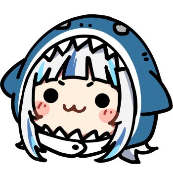 1girl :3 animal_hood artist_request bad_link black_eyes blue_hair blunt_bangs blush_stickers chibi disembodied_head gawr_gura gawr_gura_(1st_costume) hololive hololive_english hood hood_up multicolored_hair official_art portrait shark_hood solid_circle_eyes solo streaked_hair transparent_background virtual_youtuber white_hair