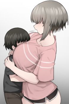 1boy 1girl age_difference between_breasts black_shorts blush breast_rest breast_smother breasts breasts_on_head collarbone dolphin_shorts face_to_breasts gradient_background hair_over_eyes head_between_breasts hetero highres hug huge_breasts large_breasts nago_purin onee-shota short_hair short_shorts shorts shota simple_background size_difference uzaki-chan_wa_asobitai! uzaki_yanagi