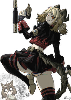 Rule 34 | 2girls, absurdres, arknights, black jacket, black skirt, black thighhighs, blonde hair, brown hair, burnice white, burnice white (cosplay), cosplay, emphasis lines, english text, flamethrower, furauji, high heels, highres, holding, holding flamethrower, holding weapon, ifrit (arknights), jacket, long sleeves, multiple girls, red eyes, silence (arknights), simple background, skirt, standing, standing on one leg, tail, thighhighs, weapon, white background, zenless zone zero