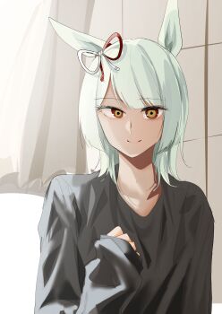 Rule 34 | 1girl, absurdres, animal ears, black shirt, bow, closed mouth, ear ribbon, fujimasa march (umamusume), green hair, highres, horse ears, horse girl, indoors, kakuteru sudachi, long sleeves, looking at viewer, shirt, short hair, sleeves past wrists, smile, solo, t-shirt, umamusume, umamusume: cinderella gray, wolf cut, yellow eyes