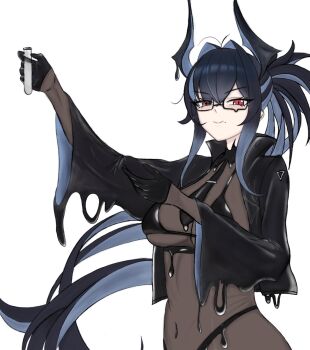 1girl absurdres arm_up bahamut_(nikke) bikini black_bikini black_gloves black_hair black_jacket black_liquid black_necktie bodystocking breasts closed_mouth commentary covered_navel cowboy_shot cropped_jacket crossed_bangs english_commentary glasses gloves goddess_of_victory:_nikke grey_hair hair_between_eyes hair_intakes half_gloves highres holding holding_vial horns jacket large_breasts latex_bikini liquid_clothes long_hair looking_at_viewer mole mole_under_mouth multicolored_hair necktie open_clothes open_jacket ponytail red_eyes see-through_cleavage see-through_clothes sidelocks simple_background solo standing suggestive_fluid swimsuit two-tone_hair very_long_hair vial white_background wrench29531