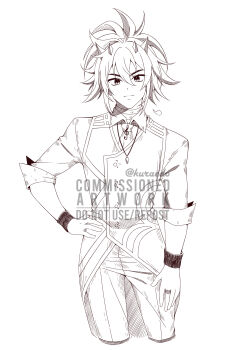 Rule 34 | 1boy, absurdres, closed mouth, commentary, commission, cropped legs, english commentary, greyscale, hair between eyes, hand on own hip, highres, horns, jewelry, kuraedo, looking at viewer, male focus, monochrome, necklace, original, pants, shirt, short hair, simple background, solo, treble clef, vest, white background