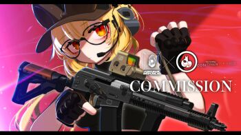 Rule 34 | 1girl, bare shoulders, baseball cap, black-framed eyewear, black gloves, black shirt, blonde hair, breasts, brown hat, closed mouth, commentary, commission, ear protection, english commentary, fingerless gloves, glasses, gloves, gun, hat, headset, highres, holding, holding gun, holding weapon, iwasawayuki, letterboxed, looking at viewer, medium breasts, optical sight, original, red eyes, shirt, sleeveless, sleeveless shirt, solo, upper body, weapon, weapon request