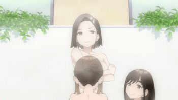 2021 20s 3girls animated animated_gif anime_screenshot ass bathhouse blush breasts brown_eyes brown_hair chair douki-chan_(douki-chan) ganbare_douki-chan hair_behind_ear highres hug kouhai-chan_(douki-chan) large_breasts lipstick makeup medium_breasts medium_hair mole mole_on_breast mole_on_cheek multiple_girls ponytail senpai-san_(douki-chan) short_hair smile standing tagme upper_body water wavy_mouth