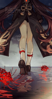 1girl back_bow black_shoes black_shorts bow brown_coat brown_hair coat coattails flower from_behind from_below genshin_impact highres hu_tao_(genshin_impact) loafers long_hair ojo_aa red_flower reflection reflective_liquid shoes short_shorts shorts socks solo spider_lily tailcoat twintails twitter_username very_long_hair vision_(genshin_impact) walking walking_on_liquid watermark white_socks wide_sleeves