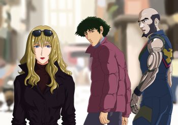 blonde_hair blue_eyes brown_eyes coat cowboy_bebop curls green_hair highres jet_black julia_(cowboy_bebop) looking_over_shoulder meme nekro-comix prosthesis puffy_jacket spike_spiegel sunglasses surprised trench_coat