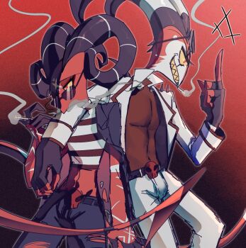 1boy 1girl barbie_wire_(helluva_boss) black_jacket blitzo_(helluva_boss) colored_skin crop_top curled_horns demon_boy demon_girl demon_horns demon_tail guifulanxin092 hellaverse helluva_boss highres horns jacket middle_finger open_clothes open_jacket red_skin sharp_teeth siblings tail teeth twins white_jacket