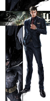1boy absurdres bat_signal batman batman_(series) belt black_cape black_hair black_jacket black_pants black_shirt black_suit blood blood_on_clothes blood_on_hands blue_eyes bodysuit bruce_wayne cape clenched_hand closed_mouth collared_shirt dc_comics formal_clothes g0ringo grey_bodysuit highres jacket looking_at_viewer male_focus mask muscular muscular_male necktie night night_sky pants shirt short_hair sky solo suit superhero_costume watch wristwatch