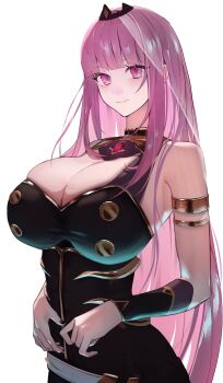 1girl absurdres black_dress black_nails black_tiara breasts cleavage commentary detached_sleeves dress highres hololive hololive_english jewelry large_breasts long_hair looking_at_viewer mori_calliope mori_calliope_(1st_costume) nail_polish pink_eyes pink_hair red_eyes simple_background single_detached_sleeve smile solo tiara veil virtual_youtuber white_background zen1zen3