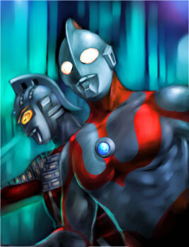 2boys alien arm_out_of_frame armor blue_gemstone blurry blurry_background breastplate collarbone color_timer colored_skin commentary compound_eyes dorsal_fin dutch_angle eye_slugger forehead_jewel gem giant giant_male glowing glowing_eyes highres in-franchise_crossover large_pectorals looking_ahead looking_at_viewer male_focus multicolored_skin multiple_boys muscular muscular_male outstretched_arm pectorals red_skin ribs shoulder_armor silver_skin solo_focus tokusatsu two-tone_skin ultra_series ultraman ultraman_(1st_series) ultraseven ultraseven_(series) upper_body white_eyes yellow_eyes yusao