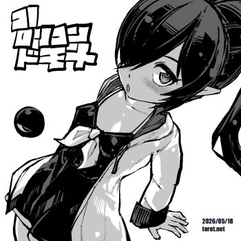 1girl :o arm_support backbeako_(torotei) backbeard blush breasts collarbone commentary cowboy_shot dated dated_commentary dress gegege_no_kitarou greyscale hair_over_one_eye hood hooded_jacket jacket kono_lolicon_domome long_hair long_sleeves looking_at_viewer monochrome neckerchief open_clothes open_jacket open_mouth original paid_reward_available pointy_ears ponytail simple_background small_breasts solo torotei translated variant_set watermark web_address white_background