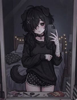 Rule 34 | 1girl, ahoge, animal ears, bag of chips, bags under eyes, bandaged arm, bandages, bed, black choker, black eyes, black sweater, breasts, choker, commentary, cosmetics, cowboy shot, dog ears, dog girl, dog tail, dolphin shorts, english commentary, female pov, hair ornament, hair over one eye, heart, heart-shaped pupils, holding, holding phone, indoors, kryawanii, kryawanii (artist), long bangs, long hair, looking to the side, low twintails, makeup brush, medium breasts, nail polish bottle, night, one eye covered, original, parted lips, phone, pillow, polka dot, polka dot shorts, pov, reflection, reflection focus, shorts, solo, standing, star (symbol), star print, string of light bulbs, sweater, symbol-shaped pupils, tail, torn clothes, torn sweater, twintails, x hair ornament