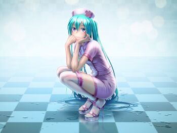 Rule 34 | 1girl, aqua eyes, aqua hair, aqua nails, blurry, bokeh, breasts, buttons, checkered background, checkered floor, closed mouth, collared dress, commentary request, depth of field, double-breasted, dress, elbows on knees, frilled thighhighs, frills, from side, full body, hair between eyes, hair spread out, hands on own cheeks, hands on own face, hat, hatsune miku, head rest, high heels, highres, legs together, long hair, looking at viewer, medium breasts, nail polish, nurse, nurse cap, on floor, pink dress, pink hat, puddle, purple shoes, reflective floor, see-through clothes, see-through thighhighs, shoes, short dress, sidelocks, smile, solo, squatting, stiletto heels, strappy heels, thighhighs, toenail polish, toenails, two-tone dress, very long hair, vocaloid, white thighhighs, wokada