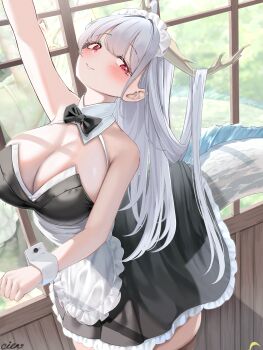 1girl absurdres apron arm_up azur_lane bare_shoulders black_dress breasts cien_(shikanokuni) cleavage day dragon_girl dragon_horns dragon_tail dress frilled_dress frills from_above hair_on_horn half-closed_eyes highres horns indoors large_breasts long_hair looking_at_viewer looking_up maid_headdress no_bra red_eyes shimanto_(azur_lane) shimanto_(the_comfy_dragon_god)_(azur_lane) sleeveless sleeveless_dress smug solo standing tail very_long_hair waist_apron white_apron white_hair wrist_cuffs