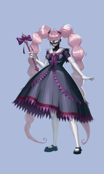 1girl alien black_dress bow dress elbow_gloves gloves hair_bow highres magical_girl marvel necroko pink_hair purple_bow sharp_teeth spider-man_(series) symbiote teeth thighhighs twintails venom_(marvel) wand white_eyes white_gloves white_thighhighs