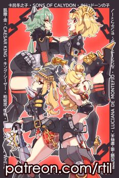 4girls ass ass-to-ass ass_peek ass_press baseball_bat black_boots black_gloves black_horns black_jacket black_skirt black_thighhighs black_tube_top blonde_hair boots breast_press breasts burnice_white caesar_king_(zenless_zone_zero) chain character_name closed_mouth combat_helmet commentary crop_top detached_pants detached_sleeves english_commentary eyewear_on_head from_side full_body fur-trimmed_jacket fur_trim gloves goggles green_eyes green_hair hair_intakes hair_ornament helmet high_heel_boots high_heels highres horns jacket large_breasts leg_up long_hair looking_at_viewer looking_to_the_side luciana_de_montefio metal_baseball_bat multiple_girls open_mouth patreon_username piper_wheel red-tinted_eyewear red_eyes rtil short_hair short_shorts shorts skirt small_breasts smile spiked_belt spiked_jacket standing standing_on_one_leg strapless stretching sunglasses thick_thighs thighhighs thighs tinted_eyewear tube_top twintails yellow_eyes zenless_zone_zero