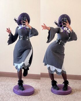 1girl 2025 black_eyes black_pantyhose black_shoes breasts claw_pose commentary corset cosplay cosplay_photo covered_face dark-skinned_female dark_skin deceased_asf dress earrings english_commentary female_focus full_body hair_between_eyes hex_maniac_(pokemon) hex_maniac_(pokemon)_(cosplay) hex_maniac_(pokemon_legends:_z-a) highres holding holding_phone indoors jewelry juliet_sleeves long_hair long_sleeves looking_down low_ponytail medium_breasts neck_ribbon nintendo open_mouth pantyhose phone photo_(medium) pokemon pokemon_legends:_z-a ponytail puffy_sleeves purple_hair purple_lips purple_ribbon real_life ribbon selfie shoes signature simple_background split_screen