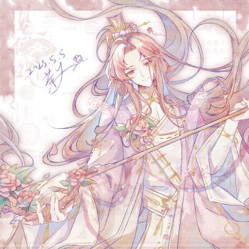 1boy absurdres border braid bridal_gauntlets chayaji chinese_clothes chinese_commentary cleavage_cutout closed_mouth clothing_cutout coat cowboy_shot curtained_hair dated daxiushan facing_viewer falling_petals floating_hair flower flower_ornament hair_flower hair_ornament hanfu head_tilt high_ponytail highres holding holding_wand long_hair long_sleeves male_focus mole mole_under_eye open_clothes open_coat outside_border parted_bangs petals pink_border pink_coat pink_flower pink_hair pink_hanfu pink_theme ponytail purple_eyes robe sash side_braid sideways_glance simple_background smile snow_starch_(the_tale_of_food) solo standing straight-on the_tale_of_food very_long_hair waist_sash wand white_background white_bridal_gauntlets white_hanfu white_robe white_sash wide_ponytail wide_sleeves xiao_guan_(headdress)