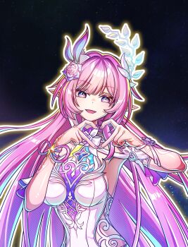 1girl absurdres breasts clothing_cutout commentary_request cookienim cyrene_(honkai:_star_rail) cyrene_(ripples_of_past_reverie)_(honkai:_star_rail) diamond-shaped_pupils diamond_(shape) dress flower four-finger_heart_hands hair_flower hair_ornament halo heart heart_hands highres honkai:_star_rail honkai_(series) large_breasts long_hair looking_at_viewer multicolored_hair pink_hair pointy_ears purple_eyes side_cutout sky smile solo star_(sky) starry_sky symbol-shaped_pupils two-tone_hair upper_body very_long_hair white_dress white_hair