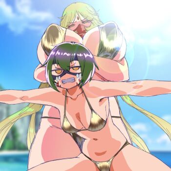 Rule 34 | 2girls, angry, beach, bikini, blonde hair, breasts, cho-hakkaimon, cleavage, covering own mouth, covering privates, crossed arms, curvy, digimon, digimon (creature), gerusyu, gold bikini, green hair, highres, huge breasts, huge nipples, large breasts, long hair, looking at viewer, mask, medium breasts, multiple girls, navel, sanzomon, scarf, shiny skin, size difference, swimsuit, thong, thong bikini, wide hips
