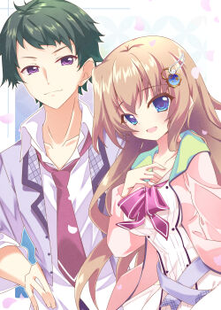 >:) 1boy 1girl 9-nine- :d absurdres belt black_hair blue_background blue_eyes blush border bow bowtie breast_suppress breasts brown_hair buttons cardigan closed_mouth collarbone collared_shirt commentary_request cowboy_shot double-breasted dress eyes_visible_through_hair falling_petals gear_hair_ornament grey_belt grey_jacket hair_between_eyes hair_ornament hakusen_academy_school_uniform hand_on_own_hip hand_up happy highres jacket kujou_miyako large_breasts long_hair long_sleeves looking_at_viewer necktie niimi_kakeru open_cardigan open_clothes open_jacket open_mouth outside_border petals pink_bow pink_bowtie pink_cardigan purple_eyes red_necktie school_uniform shirt short_hair simple_background sleeves_rolled_up smile spiked_hair split_mouth star_(symbol) star_print sukonbu385 upper_body v-shaped_eyebrows very_long_hair watermark white_border white_dress white_shirt wing_hair_ornament