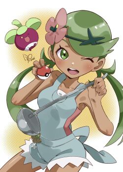 1girl absurdres bounsweet breasts commentary_request dark-skinned_female dark_skin gen_7_pokemon green_eyes green_hair grey_overalls highres looking_at_viewer low_twintails mallow_(pokemon) nintendo one_eye_closed overall_shorts overalls poke_ball poke_ball_(basic) pokemon pokemon_(creature) pokemon_sm pomita small_breasts smile solo soup_ladle twintails