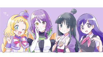 4girls ace_attorney alternate_eye_color black_eyes black_hair black_sweater_vest blonde_hair blue_eyes blush bow breasts bright_pupils brown_eyes closed_mouth collared_shirt color_connection cure_friendy gina_(gnosia) gnosia hair_ornament heterochromia highres inukai_iroha jewelry large_breasts long_hair looking_at_viewer mari_(headspace)_(omori) mari_(omori) maya_fey medium_breasts mihimihi31 multiple_girls neckerchief necklace omori one_eye_closed open_mouth precure purple_hair red_neckerchief shirt short_hair short_sleeves smile sphere_hair_ornament sweater_vest white_pupils white_shirt wonderful_precure! yellow_eyes