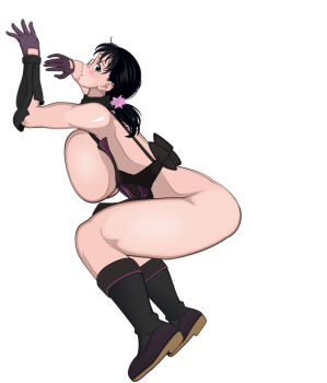 1girl ass blush breasts cattleya_(queen&#039;s_blade) female_focus flying_tree_frog large_breasts ponytail queen&#039;s_blade simple_background solo