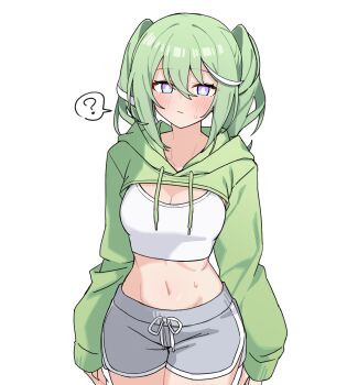 1girl ? absurdres arms_at_sides bad_id bad_pixiv_id blush breasts cleavage closed_mouth cowboy_shot crop_top dolphin_shorts drawstring green_hair green_shrug grey_shorts groin highres hood hood_down hooded_shrug looking_at_viewer maksagwa medium_hair midriff multicolored_hair navel short_shorts shorts shrug_(clothing) simple_background solo speech_bubble spoken_question_mark standing stellive streaked_hair sweat tank_top thick_thighs thighs twintails virtual_youtuber white_background white_tank_top wide_hips yuzuha_riko