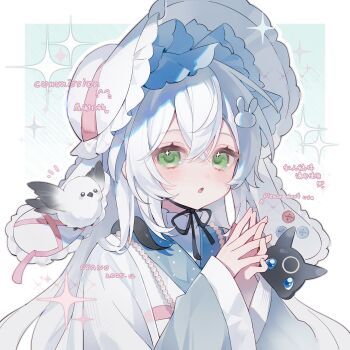 1girl :o absurdres bird black_ribbon blue_background blush bonnet border commission cyano double-parted_bangs green_eyes hair_between_eyes highres long_hair long_sleeves looking_at_viewer mihuashi_commission neck_ribbon open_mouth original outline outside_border portrait ribbon shirt solo sparkle watermark white_bonnet white_border white_hair white_outline white_shirt wide_sleeves