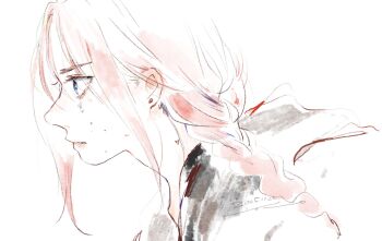 1girl blue_eyes closed_mouth crying crying_with_eyes_open dated earrings hair_behind_ear hashtag-only_commentary hateshinaki_scarlet highres jewelry leaning_forward long_braid looking_ahead making-of_available partially_colored pink_hair portrait profile scarlet_(hateshinaki_scarlet) sidelocks signature simple_background solo stud_earrings tearing_up tears wakame_(pixiv128625) white_background