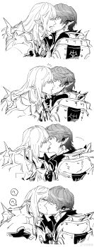 2boys ? absurdres afterimage annoyed armor aymeric_de_borel blush closed_mouth collared_shirt confused cropped_torso diamond_earrings earrings elf estinien_varlineau final_fantasy final_fantasy_xiv fingerless_gloves fingernails gloves greyscale hand_on_another's_chest highres jewelry kiss long_hair male_focus monochrome motion_lines multiple_boys open_mouth pauldrons pointy_ears poooto10 puff_of_air sequential shirt short_hair shoulder_armor shoulder_spikes sidelocks simple_background spikes spoken_question_mark sweatdrop teeth tongue upper_teeth_only very_long_hair watermark weibo_watermark white_background wide-eyed yaoi